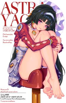 1girl absurdres astra_yao barefoot black_hair blush breasts cleavage collarbone cut_bangs dress earrings english_text feet female_pubic_hair foot_focus frilled_sleeves frills hair_intakes hairband highres hugging_own_legs jewelry knees_up large_breasts light_smile long_hair looking_at_viewer necklace no_panties pearl_necklace pink_eyes pixel_art presenting_foot pubic_hair red_shrug short_dress shrug_(clothing) sitting solo straight_hair thighs toes uneven_bangs white_dress white_hairband wmmzkl zenless_zone_zero