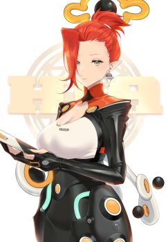 1girl absurdres alternate_breast_size asymmetrical_bangs bertha_(zenless_zone_zero) black_dress breasts dress earrings from_behind highres jewelry large_breasts looking_back mechanical_wings mole mole_under_eye oxygen_mask_(oxygenmask233) pantylines pencil_dress pointy_ears ponytail red_hair short_dress short_ponytail skin_tight skindentation solo tablet_pc thighhighs triangle_earrings white_thighhighs wings zenless_zone_zero