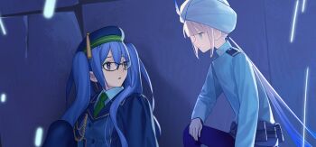 Rule 34 | 1boy, 1girl, aiguillette, astg, atlas academy uniform, blonde hair, blue hair, capelet, captain nemo (fate), collared shirt, debris, fate/grand order, fate (series), full body, game cg, glasses, gradient hair, green eyes, hat, jacket, knee up, large variant set, long hair, long sleeves, multicolored hair, necktie, nemo (fate), official art, on one knee, open mouth, pantyhose, purple eyes, shirt, shoes, shorts, sion eltnam (type-moon), sion eltnam sokaris, sitting, skirt, spoilers, takeuchi takashi, tearing up, thighhighs, third-party source, turban, twintails, variant set, very long hair, white turban