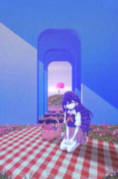 2girls absurdres apple banana black_hair blush checkered_blanket closed_eyes closed_mouth collared_shirt colored_skin double-parted_bangs food fruit grapes hair_between_eyes hanged highres long_hair mari_(faraway)_(omori) mari_(headspace)_(omori) mari_(omori) multiple_girls my_loleeta neckerchief omori picnic_basket picnic_blanket pleated_skirt purple_hair purple_sweater_vest red_neckerchief red_skirt seiza shirt short_sleeves sitting skirt smile spoilers sweater_vest tree when_you_see_it white_shirt white_skin