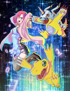 Rule 34 | 1girl, absurdres, agumon, black bra, black panties, black thighhighs, blue camisole, blue eyes, bra, breasts, camisole, chibimaru-k, cleavage, cross-laced clothes, digimon, digimon (creature), digimon story: cyber sleuth, gabumon, green eyes, group picture, high heels, highres, horns, jacket, lizard, medium breasts, midair, one eye closed, open clothes, open jacket, panties, pink jacket, red eyes, red hair, side-tie panties, sideless outfit, single horn, thighhighs, twintails, underwear