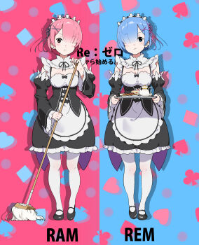 2girls absurdres apron black_footwear black_ribbon blue_background blue_eyes blue_hair bow breasts broom cleavage club_(shape) cup detached_sleeves dress female_focus food frilled_sleeves frills hair_ornament hair_over_one_eye hair_ribbon highres holding holding_broom holding_plate holding_tray looking_at_viewer maid maid_headdress mary_janes medium_breasts mop mr1thonk multiple_girls pantyhose pink_background pink_eyes pink_hair pink_ribbon plate ram_(re:zero) re:zero_kara_hajimeru_isekai_seikatsu red_eyes rem_(re:zero) ribbon roswaal_mansion_maid_uniform shoes short_hair siblings sisters spade_(shape) standing tea tea_set teacup teapot tray twins underbust waist_apron x_hair_ornament