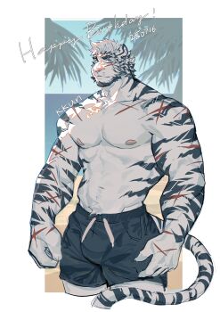 1boy abs akunaakun_(kunkun586586) animal_ears arknights artist_name bara black_shorts bulge commentary cross_scar dated facial_scar furry furry_male happy_birthday highres looking_at_viewer male_focus mountain_(arknights) multiple_scars muscular muscular_male navel nipples scar scar_across_eye scar_on_arm scar_on_cheek scar_on_chest scar_on_face scar_on_shoulder shorts smile symbol-only_commentary tail tiger_boy tiger_ears tiger_stripes tiger_tail topless_male