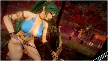 1girl 3boys 3d absurdres adapted_costume alternate_costume armpits arrow_(projectile) axe bandit bare_legs bikini blue_bikini blue_nails blue_swimsuit bow_(weapon) breasts cleavage collar female_focus fire_emblem fire_emblem:_the_blazing_blade fire_emblem_heroes fog forest green_eyes green_hair hiding highres horse hotcakesmcnasty large_breasts legs long_hair lyn_(fire_emblem) multiple_boys nail_polish nature nintendo outdoors ponytail quiver revealing_clothes rock sideboob solo_focus squatting story_at_source swimsuit tree very_long_hair weapon