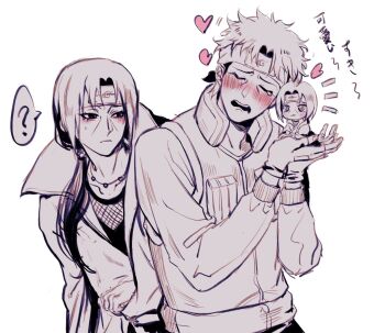 2boys ? akatsuki_uniform blush character_doll commentary doll flak_jacket forehead_protector greyscale highres holding holding_doll jacket konohagakure_anbu_uniform konohagakure_symbol male_focus momoyoru1 monochrome multiple_boys naruto_(series) naruto_shippuuden short_hair simple_background spoken_question_mark symbol-only_commentary translation_request uchiha_itachi uchiha_shisui white_background yaoi