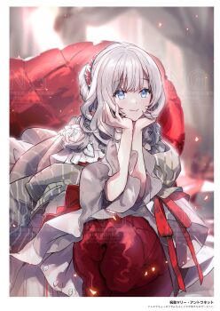 1girl blue_eyes blush breasts commentary_request couch dress fate/grand_order fate_(series) highres long_hair looking_at_viewer marie_antoinette_(celebratory_attire)_(fate) marie_antoinette_(fate) medium_breasts no-kan red_ribbon ribbon sidelocks smile solo twintails very_long_hair watermark white_dress white_hair