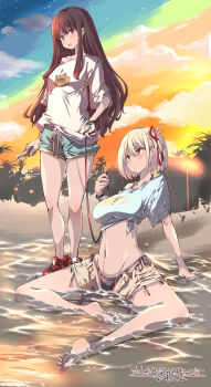 2girls absurdres barefoot beach bikini black_bikini black_hair blonde_hair blush breasts closed_mouth collarbone full_body highres holding_taser inoue_takina large_breasts long_hair looking_at_viewer looking_to_the_side loose_clothes loose_shirt lycoris_recoil multiple_girls navel nishikigi_chisato open_mouth red_eyes red_ribbon red_shoes ribbon shirt shoes short_hair shorts sneakers sunset swimsuit taser thighs wet wet_clothes yazawa_mana