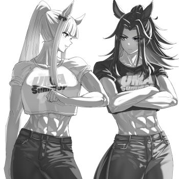 abs absurdres animal_ears blunt_bangs bow breasts closed_mouth commentary cropped_shirt crossed_arms fenomeno_(umamusume) gold_ship_(umamusume) greyscale highres horse_ears horse_girl horse_tail long_hair midriff monochrome multiple_girls muscular muscular_female navel pants parted_lips ponytail senchan_7 shirt short_sleeves simple_background smile tail teeth umamusume white_background