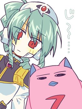 1girl angel_wing_uniform blush_stickers closed_mouth drill_hair drill_sidelocks expressionless galaxy_angel gold_trim green_hair highres looking_at_viewer monocle monocle_chain nm_shirasu normad red_eyes sidelocks simple_background solo staring stuffed_animal stuffed_toy vanilla_h white_background