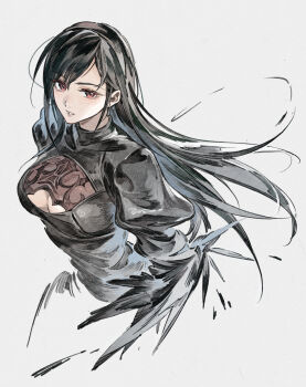 1girl 2b_(nier:automata) 2b_(nier:automata)_(cosplay) absurdres black_dress black_hair breasts cleavage cleavage_cutout clothing_cutout commentary_request cosplay crow0cc dress earrings final_fantasy final_fantasy_vii final_fantasy_vii:_ever_crisis highres jewelry juliet_sleeves long_hair long_sleeves looking_at_viewer nier:automata nier_(series) puffy_sleeves red_eyes solo tifa_lockhart tifa_lockhart_(battler_ensemble) upper_body white_background