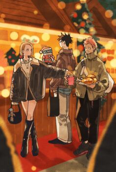 1girl 2boys bag black_bag black_boots black_coat black_hair black_pants blonde_hair blue_shirt blurry blurry_background blurry_foreground bokeh boned_meat boots brown_coat chicken_(food) chicken_leg christmas christmas_lights christmas_tree coat commentary_request crossed_legs cup depth_of_field facial_mark food full_body fur-trimmed_coat fur_trim fushiguro_megumi grey_coat hand_in_pocket handbag highres holding holding_bag holding_cup holding_food holding_stuffed_toy itadori_yuuji jewelry jujutsu_kaisen kugisaki_nobara meat multiple_boys necklace open_mouth panties pants pink_hair shirt short_hair shoulder_bag smile spiked_hair stuffed_animal stuffed_toy sweater swept_bangs takeuchi_ryousuke underwear white_background white_panties white_sweater