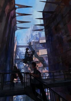 Rule 34 | 2boys, absurdres, bad id, bad pixiv id, city, denchou, highres, hover bike, male focus, multiple boys, original, star (symbol)