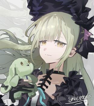 1girl animal_ears arknights bang_dream! bang_dream!_it&#039;s_mygo!!!!! black_bonnet black_gloves bonnet closed_mouth floppy_ears gloves gothic_lolita green_hair hair_ornament highres holding holding_stuffed_toy lolita_fashion long_hair looking_at_viewer rabbit_ears rabbit_girl sidelocks smile solo stuffed_animal stuffed_rabbit stuffed_toy upper_body wakaba_mutsumi wakaba_mutsumi_(marionette&#039;s_id) x_hair_ornament yellow_eyes yyz_bei_lun_sang