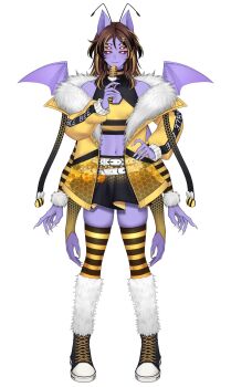 Rule 34 | absurdres, animal ears, antennae, bat boy, bat ears, bee, bee hair ornament, belt, black skirt, blonde hair, boots, brown hair, bug, colored sclera, colored skin, dante will, dante will (bat), dante will (idol), dress, extra arms, extra eyes, fake antennae, fingernails, fur-trimmed jacket, fur-trimmed sleeves, fur boots, fur trim, hair ornament, highres, holding, holding microphone, honeycomb (pattern), insect, jacket, lilum, long hair, long sleeves, microphone, miniskirt, multicolored hair, neobaka, ohwasuy, purple skin, red sclera, sharp fingernails, shirohomu, skirt, smile, streaked hair, thighhighs, wings, yellow belt, yellow jacket