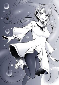 1girl blackheart bubble dress elefee familiar fish greyscale groin hair_ornament hairband highres izumi_(under_night_in-birth) leggings long_hair monochrome open_mouth sandals side_ponytail toes under_night_in-birth under_night_in-birth_2_sys:celes