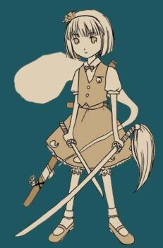 1girl aqua_background archived_source bloom blunt_bangs blunt_ends bob_cut bobby_socks bow bowtie breast_pocket buttons closed_mouth collared_shirt color_contrast commentary_request dated_commentary dot_nose dual_persona expressionless full_body hair_ribbon hairband jpeg_artifacts kanobaya katana konpaku_youmu konpaku_youmu_(ghost) legs_apart lowres mary_janes medium_skirt monochrome petticoat pocket print_skirt print_vest puffy_short_sleeves puffy_sleeves ribbon sheath shirt shoes short_hair short_sleeves short_sword skirt sleeve_cuffs socks solo spirit standing sword touhou undershirt unsheathed vest weapon wing_collar