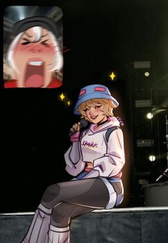 &gt;_&lt; 2girls ^_^ apex_legends baseball_cap black_hat black_pantyhose blonde_hair blue_hair blue_shorts blush closed_eyes commentary crossed_legs english_commentary fan_screaming_at_madison_beer_(meme) fingerless_gloves gloves grey_leg_warmers hat highres holding holding_microphone hood hood_down hoodie inset jacket leg_warmers meme microphone multiple_girls official_alternate_costume open_mouth pantyhose pink_gloves red_jacket sevpha short_hair shorts sparkle static_trainers_wattson street_smart_wraith streetwear wattson_(apex_legends) white_hair white_hoodie wraith_(apex_legends)
