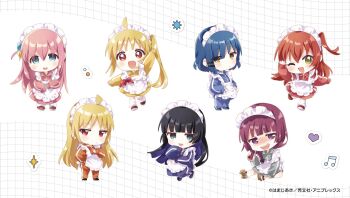 Rule 34 | 6+girls, :d, ;d, ahoge, alternate costume, apron, black hair, black shoes, blonde hair, blue eyes, blue hair, blue jacket, blue pants, blue shoes, blunt bangs, blush, bocchi the rock!, brown sandals, brown shoes, chibi, chibi only, closed mouth, commentary request, copyright notice, cube hair ornament, enmaided, frilled apron, frills, full body, geta, gotoh hitori, green eyes, green skirt, grid background, hair between eyes, hair ornament, heart, highres, hiroi kikuri, ijichi nijika, ijichi seika, jacket, jersey maid, kita ikuyo, long hair, long sleeves, looking at viewer, maid, maid headdress, multiple girls, musical note, namori, nose blush, official art, one eye closed, one side up, open mouth, orange jacket, orange pants, pa-san, pants, pink hair, pink jacket, pink skirt, purple eyes, purple hair, purple jacket, purple pants, red eyes, red hair, red jacket, red shoes, red skirt, sandals, sharp teeth, shoes, short hair, side ponytail, sitting, skirt, smile, socks, sparkle, standing, standing on one leg, teeth, track jacket, unconventional maid, upper teeth only, white apron, white background, white socks, yamada ryo, yellow eyes, yellow jacket, yellow skirt