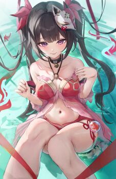1girl absurdres adapted_costume babydoll black_choker black_hair breasts choker collarbone detached_sleeves fox_mask highres honkai:_star_rail honkai_(series) looking_at_viewer mark_under_both_eyes mask mask_on_head medium_breasts navel otabaaa panties partially_submerged purple_eyes red_babydoll red_panties red_sleeves sitting solo sparkle_(honkai:_star_rail) stomach tongue tongue_out twintails underwear water