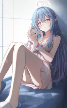 1girl absurdres ahoge bare_shoulders blue_hair blush breasts camisole cleavage collarbone commentary_request elf hair_between_eyes hair_ornament heart heart_ahoge highres hololive indoors jacket large_breasts legs long_hair midriff morupeusu navel official_alternate_costume panties parted_lips pointy_ears polka_dot polka_dot_camisole polka_dot_skirt skirt sleepwear solo thighs underwear virtual_youtuber white_camisole white_panties white_skirt white_wrist_cuffs wrist_cuffs yellow_eyes yukihana_lamy yukihana_lamy_(roomwear) yukimin_(yukihana_lamy)