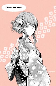 1girl :| alternate_hairstyle braid braided_bun bright_pupils chinese_knot closed_mouth english_text expressionless flower from_behind from_side fuyutsuki_mio greyscale_with_colored_background hair_bun hair_flower hair_ornament hair_up happy_new_year highres japanese_clothes kanoko_(pattern) kanzashi kimono koori_zokusei_danshi_to_cool_na_douryou_joshi long_sleeves looking_at_viewer looking_to_the_side new_year obi obiage official_art pink_background print_kimono print_sash sash shippou_(pattern) sidelocks snowflake_print snowman_print solo speech_bubble standing swept_bangs tassel tonogaya tsumami_kanzashi twitter_username upper_body