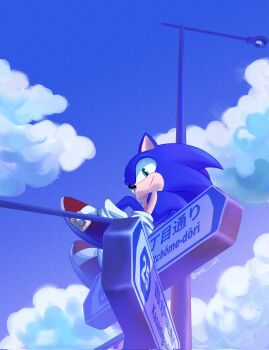 1boy amethystdraw animal_ears animal_nose blue_fur commentary english_commentary furry furry_male gloves hedgehog_boy highres looking_at_viewer male_focus smile sonic_(series) sonic_the_hedgehog white_gloves