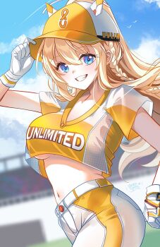 1girl baseball_cap baseball_jersey baseball_uniform blonde_hair blue_eyes braid breasts gloves goddess_of_victory:_nikke hat highres jersey large_breasts long_hair looking_at_viewer midriff navel nekoponart official_alternate_costume pants ponytail shirt short_sleeves smile sportswear tove_(baseball_fan)_(nikke) tove_(nikke) two-tone_hat underboob white_gloves