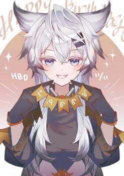 1girl :d aged_down animal_ears ark_mmmm arknights black_gloves blue_eyes character_name commentary gloves grey_hair grin hair_between_eyes hair_ornament hairclip happy_birthday highres holding lappland_(arknights) long_hair long_sleeves looking_at_viewer open_mouth scar scar_across_eye scar_on_face sharp_teeth smile solo sparkle teeth upper_body wolf_ears wolf_girl