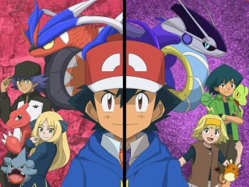 2girls 3boys adjusting_clothes adjusting_headwear aged_down aged_up ahoge alternate_hair_length alternate_hairstyle baseball_cap black_coat black_hair blonde_hair blue_jacket bonnie_(pokemon) brown_eyes brown_vest charmeleon coat commentary_request crossed_arms cynthia_(pokemon) dedenne gen_1_pokemon gen_3_pokemon gen_4_pokemon gen_6_pokemon gible hairband hat highres hood hooded_jacket jacket koraidon leon_(pokemon) max_(pokemon) miraidon multiple_boys multiple_girls naranja_academy_school_uniform necktie nintendo open_mouth orange_necktie pokemon pokemon_(anime) pokemon_(creature) pokemon_dppt_(anime) pokemon_journeys pokemon_rse_(anime) pokemon_sv pokemon_xy_(anime) purple_hair purple_necktie rila_anipoke school_uniform sleeves_past_wrists smile split_screen time_paradox treecko uva_academy_school_uniform vest yellow_hairband