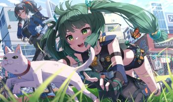 2girls absurdres all_fours android black_gloves black_hair black_pants black_shorts blue_jacket blush braid bug butterfly cat chasing checkered_necktie commentary crop_top day dirty fingerless_gloves gloves green_eyes green_hair hair_between_eyes hair_ornament high-waist_pants highres insect jacket loli long_hair long_sleeves looking_at_another maeru multicolored_hair multiple_girls necktie open_clothes open_jacket open_mouth outdoors pants police police_uniform policewoman ponytail qingyi_(zenless_zone_zero) red_eyes red_hair running short_shorts shorts side_braids sphere_hair_ornament streaked_hair sweat symbol-only_commentary teeth twintails upper_teeth_only zenless_zone_zero zhu_yuan