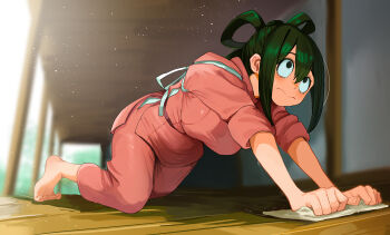 1girl absurdres all_fours asui_tsuyu barefoot black_eyes blush boku_no_hero_academia breasts cleaning commission day green_hair hair_rings highres holding long_hair pants pink_pants pixiv_commission solo zd_(pixiv6210083)