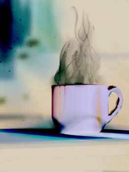 absurdres blurry blurry_background commentary_request cup drink highres mug no_humans original realistic smile_(qd4nsvik) steaming_cup still_life table