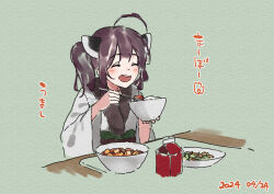 Rule 34 | 1girl, :d, ^ ^, ahoge, blush, bowl, brown hair, closed eyes, commentary request, dated, facing viewer, food, food request, green background, headgear, holding, holding bowl, holding spoon, japanese clothes, kimono, lamb (hitsujiniku), long sleeves, open mouth, plate, simple background, smile, solo, spoon, table, touhoku kiritan, translation request, twintails, upper body, voiceroid, white kimono, wide sleeves