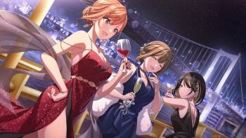 3girls arisugawa_natsuha black_hair blonde_hair blue_dress bracelet breasts bridge brown_hair cityscape cleavage closed_eyes cup dress drinking_glass earrings fur_trim game_cg grey_eyes holding idolmaster idolmaster_shiny_colors ikaruga_luca jewelry kuwayama_chiyuki multicolored_hair multiple_girls necklace official_art open_mouth orange_hair railing red_dress sky star_(sky) starry_sky water wine_glass yellow_eyes