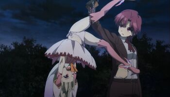 2girls bazett_fraga_mcremitz belt blonde_hair boots brown_belt brown_gloves brown_jacket brown_necktie brown_pants brown_suit closed_mouth collared_shirt detached_sleeves dot_nose fate/kaleid_liner_prisma_illya fate_(series) female_focus gloves highres illyasviel_von_einzbern jacket layered_skirt legs lifting_person loli long_hair long_sleeves magical_girl miniskirt mole mole_under_eye multiple_girls necktie one_eye_closed open_mouth panties pants pantyshot pink_boots pink_skirt pink_socks pink_thighhighs purple_eyes purple_hair sexually_suggestive shirt shirt_tucked_in short_hair skirt socks suit sweat sweatdrop thigh_boots thigh_strap thighhighs thighs torn_clothes torn_shirt underwear upside-down white_panties white_shirt zettai_ryouiki