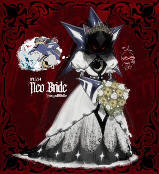 1boy 9474s0ul ai-generated_art_(topic) artist_name artist_self-insert ash_baby_(meme) bridal_veil commentary crossdressing crossdressing_(mtf) dress english_text flower highres holding holding_flower humanoid_robot male_focus meme metal_overlord metal_sonic neo_metal_sonic red_eyes robot sharp_teeth solo sonic_(series) sonic_heroes symbol-only_commentary teeth veil wedding_dress white_dress
