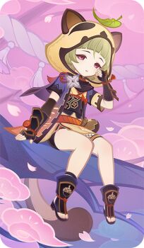 1girl animal_ears animal_hood arm_guards bad_source black_gloves black_scarf boots elbow_gloves fake_animal_ears falling_leaves falling_petals full_body genshin_impact gloves hand_up hood japanese_clothes leaf looking_at_viewer official_art open-toe_boots parted_lips petals purple_eyes raccoon_ears raccoon_hood sayu_(genshin_impact) scarf short_hair short_sleeves shuriken sitting sleepy solo weapon