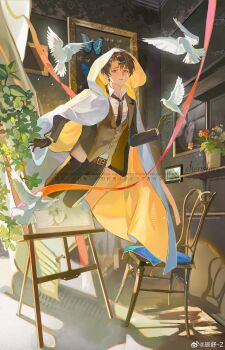 abstract absurdres bird black_bow black_bowtie black_jacket bow bowtie chinese_commentary commentary_request dove facing_viewer highres holding holding_painting holding_picture_frame jacket klein_moretti lord_of_the_mysteries painting_(object) picture_frame samuelphelps watermark weibo_watermark windbreaker