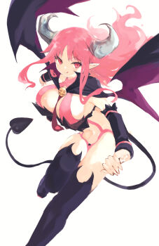 1girl bat_wings black_thighhighs breasts demon_girl demon_tail demon_wings detached_sleeves disgaea feet_out_of_frame full_body highres horns large_breasts leotard long_hair looking_at_viewer necktie pink_eyes pink_hair pink_leotard pointy_ears revealing_clothes short_necktie smile solo succubus_(disgaea) tail thighhighs tongue tongue_out tsutsugano v-shaped_eyebrows wings