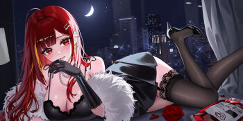 1girl absurdres akane_lize black_dress black_gloves black_shoes black_thighhighs blonde_hair breasts cleavage commentary crescent_moon dress elbow_gloves feather_boa garter_straps gloves high_heels highres indoors large_breasts long_hair looking_at_viewer lying mella_(mell_a12) mole mole_under_eye moon multicolored_hair night on_bed open_mouth red_hair shoes sky smile solo stellive streaked_hair thighhighs virtual_youtuber