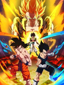 Rule 34 | 3boys, abs, aura, black eyes, black hair, black vest, blonde hair, blue bodysuit, blue boots, blue shirt, bodysuit, boots, closed mouth, commentary request, cropped vest, dougi, dragon ball, dragon ball super, dragon ball super broly, fighting stance, full body, gloves, gogeta, green eyes, highres, looking at viewer, male focus, medium hair, metamoran vest, multiple boys, muscular, muscular male, no shirt, orange pants, pants, pectorals, shirt, son goku, spiked hair, standing, super saiyan, super saiyan 1, torn clothes, torn shirt, urotakanata02, vegeta, vest, white boots, white gloves