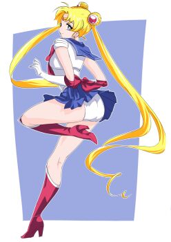 1girl ass bishoujo_senshi_sailor_moon blonde_hair blue_eyes blue_sailor_collar blue_skirt boots elbow_gloves gloves leotard long_hair sailor_collar sailor_moon sailor_senshi sailor_senshi_uniform senouchi skirt thighs tsukino_usagi twintails white_gloves