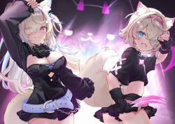 Rule 34 | 2girls, alternate color, amakumo517, animal ears, ass, bandaid, bandaid hair ornament, belt, belt collar, black collar, black dress, black shirt, black shorts, blonde hair, blue belt, blue eyes, blue hair, blue nails, blush, breasts, claw (weapon), cleavage, closed mouth, collar, dog ears, dog girl, dog tail, dress, eyes visible through hair, fang, fuwawa abyssgard, fuwawa abyssgard (1st costume), hair ornament, hair over one eye, hairpin, highres, hololive, hololive english, large breasts, long hair, looking at viewer, medium hair, mococo abyssgard, mococo abyssgard (1st costume), multicolored hair, multiple girls, nail polish, open mouth, perroccino (fuwamoco), pink belt, pink eyes, pink hair, pink nails, shirt, short dress, short shorts, shorts, siblings, sisters, skin fang, small breasts, smile, spiked collar, spikes, streaked hair, tail, twins, virtual youtuber, weapon, x hair ornament