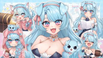 1girl ? animal_ear_fluff animal_ears blue_eyes blue_hair breasts cleavage closed_mouth collarbone commentary cup dog dog_ears dog_girl drooling fangs flower food food_on_face froth hair_ribbon haze_nikomi holding holding_cup holding_paper hood hooded_jacket indie_virtual_youtuber jacket long_braid long_hair long_sleeves mouth_drool musical_note official_alternate_hairstyle open_mouth paper pink_flower pink_jacket pink_ribbon pixxi_(vtuber) ribbon second-party_source tankard treasure_chest virtual_youtuber