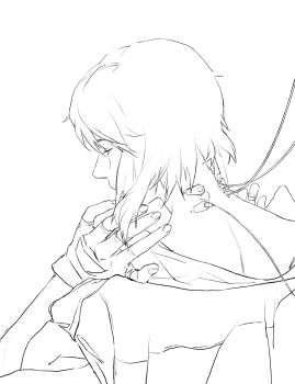 1girl aizheajsee back cable closed_eyes fingerless_gloves from_behind ghost_in_the_shell gloves highres medium_hair shirt solo subdermal_port white_shirt