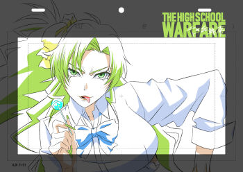 1girl alternate_costume alternate_hairstyle bleach bleach:_sennen_kessen-hen blue_bow blue_bowtie bow bowtie breasts candice_catnipp candy collared_shirt commentary copyright_name dress_shirt english_commentary eyebrows_hidden_by_hair eyelashes fingernails food forehead green_eyes green_hair green_nails hair_between_eyes hand_up highres holding holding_candy holding_food holding_lollipop large_breasts lollipop long_fingernails long_hair long_sleeves looking_at_viewer lower_teeth_only nail_polish official_style open_mouth shirt sidelocks simple_background smile solo teeth tongue tongue_out upper_body upturned_eyes v-shaped_eyebrows wavy_hair white_background white_shirt yuuta_(yuuta0312)