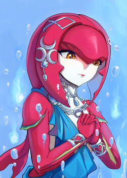 Rule 34 | 1girl, absurdres, bracelet, breasts, closed mouth, colored skin, commentary request, fingernails, fins, fish girl, hair ornament, highres, holding, holding hands, jewelry, lips, long hair, looking at viewer, medium breasts, mipha, monster girl, multicolored skin, nintendo, no eyebrows, pointy ears, red hair, red nails, red skin, sharp fingernails, smile, solo, teriteri 3, the legend of zelda, the legend of zelda: breath of the wild, upper body, yellow eyes, zora