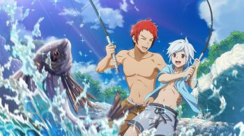2boys :d anime_coloring bell_cranel blue_jacket blue_sky closed_eyes danmachi_battle_chronicle dungeon_ni_deai_wo_motomeru_no_wa_machigatteiru_darou_ka fish fish_hook fishing fishing_line fishing_rod bad_tag game_cg hand_on_another's_waist highres holding holding_fishing_rod jacket male_swimwear multiple_boys navel non-web_source official_art open_clothes open_jacket open_mouth outdoors red_eyes red_hair short_hair short_sleeves sky smile splashing stomach sweatdrop swim_trunks topless_male water welf_crozzo white_hair