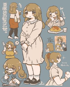 Rule 34 | 3girls, :d, ?, arm at side, bag, black footwear, black pantyhose, blue background, blue shirt, blush, book, breasts, brown dress, brown eyes, brown hair, brown shirt, brown skirt, closed eyes, commentary request, cropped torso, dress, eating, ebiebi, facing viewer, food, from behind, from side, full body, hair ornament, hair scrunchie, hand on own cheek, hand on own face, hands up, highres, holding, holding food, holding knife, index finger raised, knife, large breasts, light smile, long dress, long hair, long sleeves, mature female, medium skirt, multiple girls, multiple views, no pupils, omelet, omurice, open mouth, original, pantyhose, pleated skirt, pointing, ponytail, reading, red scrunchie, red skirt, ribbed sweater, scrunchie, shirt, shoes, short sleeves, shoulder bag, skirt, small breasts, smile, socks, solo focus, speech bubble, sportswear, standing, straight-on, sweater, tennis uniform, thick arms, translation request, upper body, v arms, white socks, yurie mouth