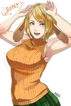 1girl animal_ears ashley_graham blonde_hair breasts bunny_day butcha-u highres large_breasts looking_at_viewer open_mouth rabbit_ears resident_evil resident_evil_4 resident_evil_4_(remake) shirt short_hair simple_background skirt sleeveless sleeveless_turtleneck smile solo sweater turtleneck white_background